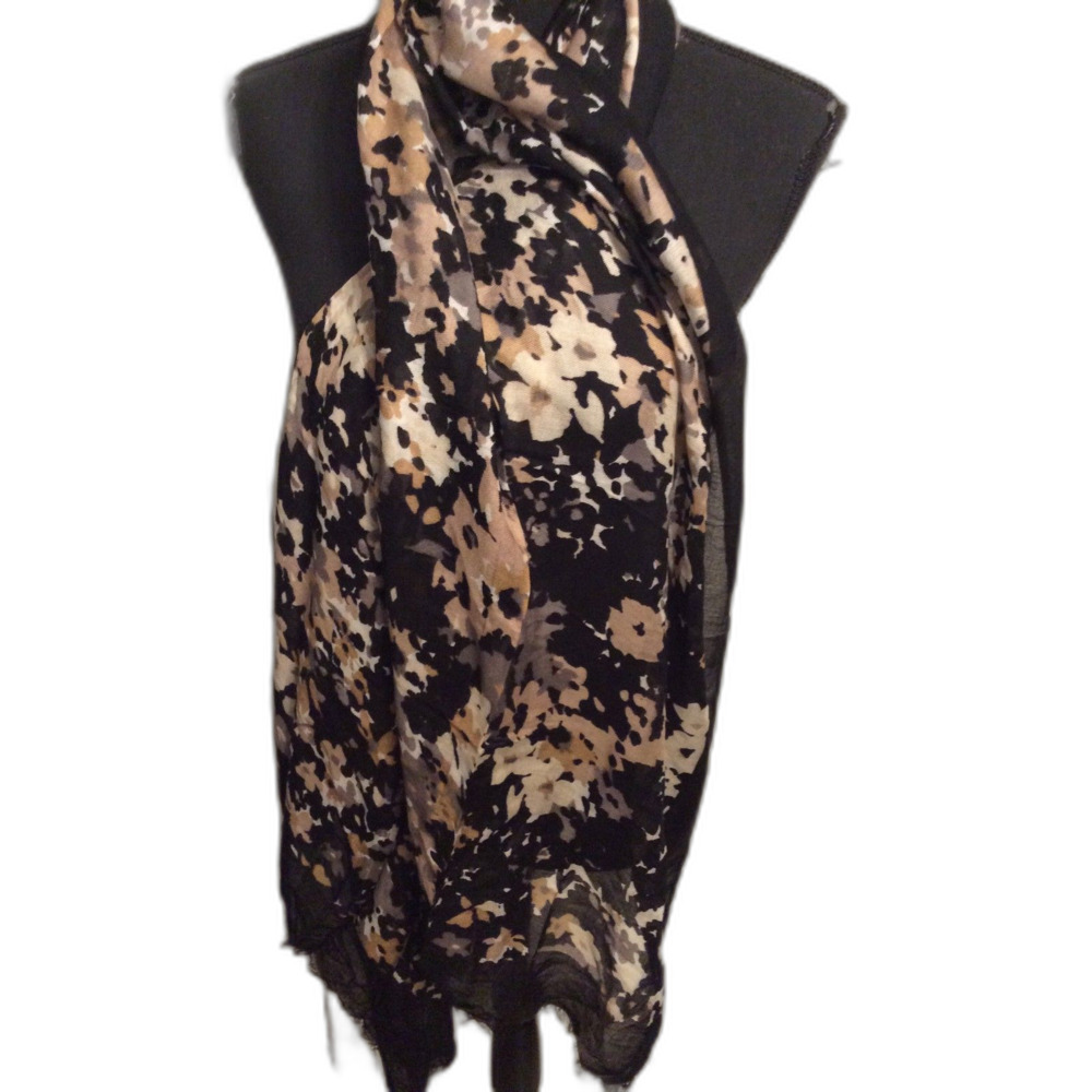 Isaac Mizrahi Live Print 75" Scarf Neutral Black Brown Tan Floral